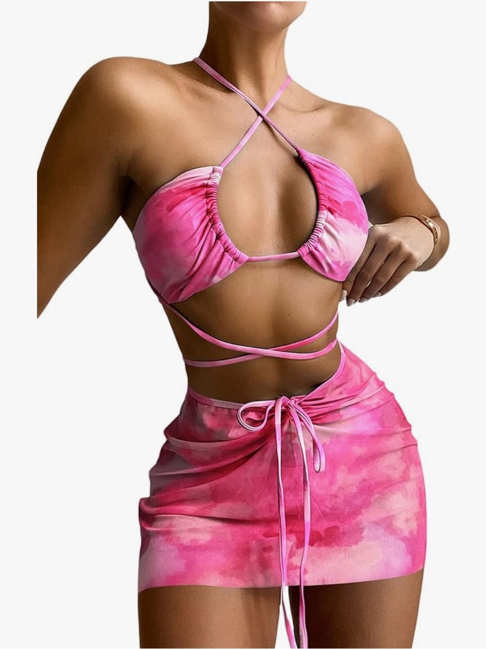 Pink Tie-Dye Crisscross Wrap Bikini Top and Mini Skirt Set